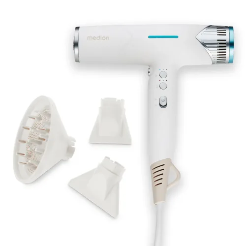 Medion, MEDION LIFE HD2 Haartrockner mit Ionen-Technologie weiß, 1.500 Watt, Selbstreinigungsfunktion, Vielseitige Aufsätze: Stylingdüsen und Diffusor, 3 Temperatur- und 3 Luftstromstufen