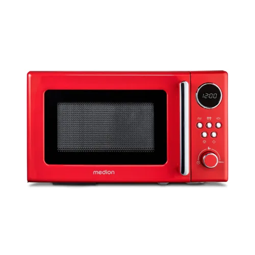 MEDION Retro-Mikrowelle MD 15000, rot, 800 W Leistung, 20 L kompakt, 5 Mikrowellenstufen, Auftaufunktion, Timerfunktion, stilvolles Retro-Design