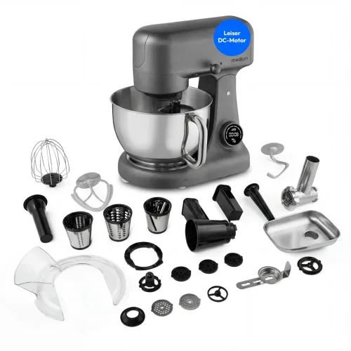 MEDION LIFE Digitale Küchenmaschine MD12600 titan, 800 W Gleichstrommotor, Energiesparend, Ultraleise, Digitales Sensor-Touch-Display, 4,6 L Edelstahlschüssel, Inkl. Fleischwolf