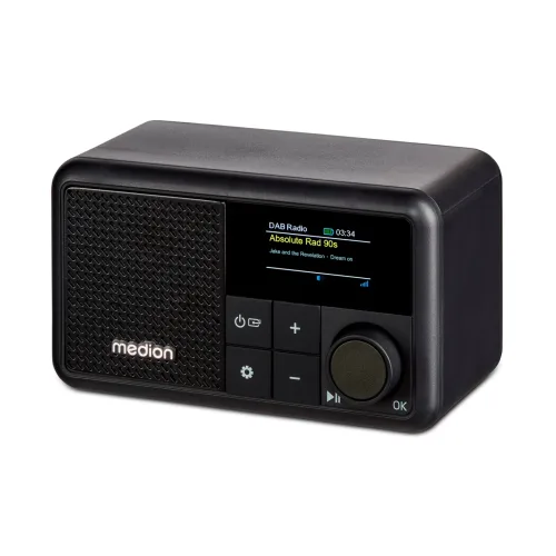 MEDION LIFE S66822 Tragbares DAB+ Radio schwarz, Farb-TFT Display 3,73 cm (1,47''), DAB+/UKW-Radio (je 40 Senderspeicher), Bluetooth® 5.3, integrierter Akku, extra kompakt, 2 W RMS