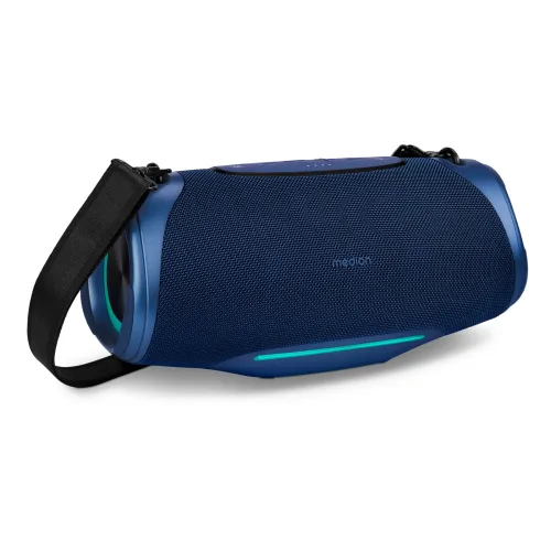 MEDION LIFE P61762 Tragbarer Bluetooth® Lautsprecher L blau, Dual Illuminated & Lightstrip (RGB-Lichteffekte), Bluetooth® 5.3, integrierter Akku mit bis zu 47 Stunden Laufzeit, robustes & mobiles Design, 2 x 25 W RMS