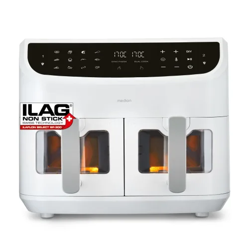 MEDION LIFE P20 XXL Twin Doppelzonen-Heißluftfritteuse MD 11760 weiß, 100 Rezepte in der Life+ App, 2 separate Garzonen, 10 Automatikprogramme, 8,7 L Gesamt-Nutzinhalt, 2.600 Watt, Temperatur einstellbar bis 200 °C