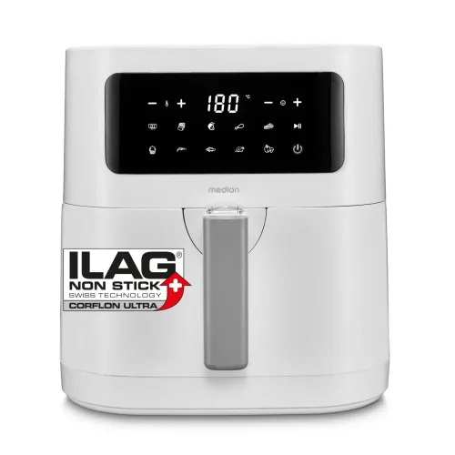 Medion, MEDION LIFE E40 XL Heißluftfritteuse MD 11740 weiß, 100 Rezepte in der Life+ App, ölfreies Frittieren, 9 Automatikprogramme, 5,2 L Korbvolumen