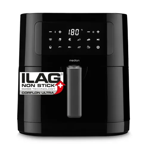 MEDION LIFE E40 XL Heißluftfritteuse MD 11740 schwarz, 100 Rezepte in der Life+ App, ölfreies Frittieren, 9 Automatikprogramme, 5,2 L Korbvolumen
