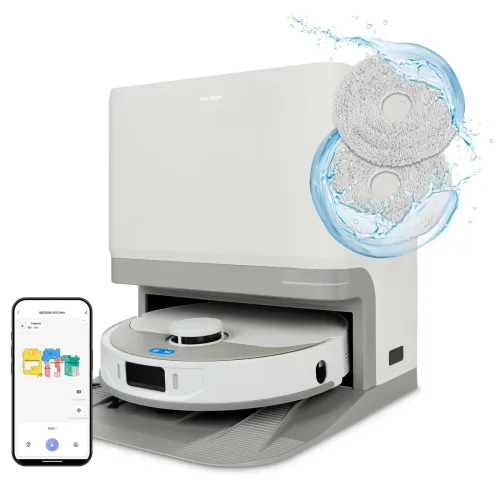 Medion, MEDION Saugroboter mit 3-in-1 Absaugstation X55 SW+, Wischfunktion, rotierende und bewegliche Wischmopps, Lasernavigation, Hinderniserkennung durch Kreuzlinienlaser, starke 10.000 Pa Saugkraft, präzise Kartenerstellung
