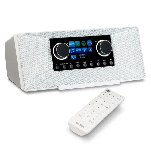 Medion, MEDION LIFE P85333 Stereo Internetradio weiß, 7,1 cm (2,8'') TFT-Farbdisplay, über 25.000 Internet-Radiosender & viele Podcasts empfangen, DAB+/UKW Radio, Wecker, WLAN, Bluetooth®, Amazon Music, Spotify®-Connect, 2 x 6 W RMS