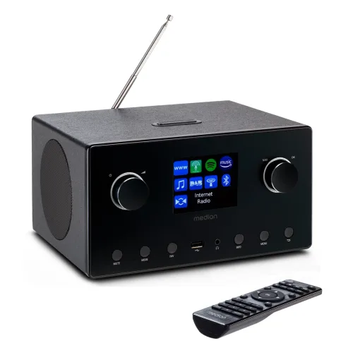 MEDION LIFE P85444 2.1 Internetradio schwarz, 8,1 cm (3,2'') TFT-Display, riesige Auswahl an Internet-Radiosendern & Podcasts, DAB+/UKW Radio (je 40 Senderspeicher), Bluetooth®, WLAN, 2 x 7,5 W + 15 W Subwoofer RMS