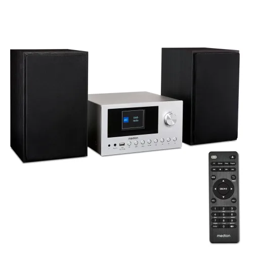 Medion, MEDION LIFE P85003 Micro-Audio-System silber, Internet/DAB+/PLL-UKW Stereo-Radio mit je 40 Senderspeichern, 2,8'' TFT-Farbdisplay, Bluetooth® 5.0, CD-Player, WLAN, USB, 2 x 15 RMS