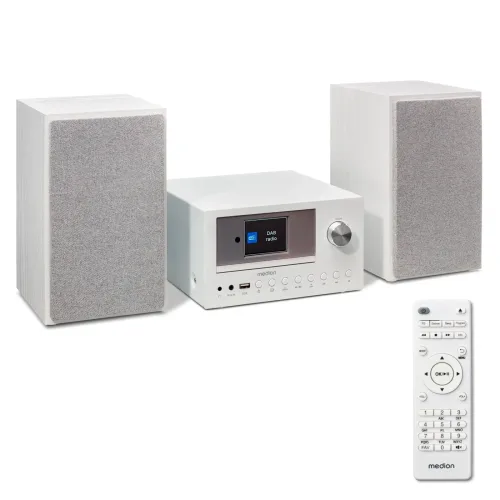 Medion, MEDION LIFE P85003 Micro-Audio-System weiß, Internet/DAB+/PLL-UKW Stereo-Radio mit je 40 Senderspeichern, 2,8'' TFT-Farbdisplay, Bluetooth® 5.0, CD-Player, WLAN, USB, 2 x 15 RMS