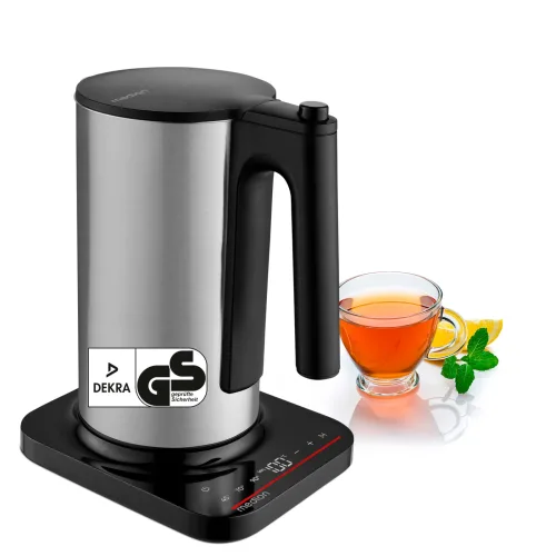 MEDION LIFE Digitaler Wasserkocher MD12106 silber, 2.200 Watt Leistung, 1,5 Liter Kapazität, LED-Display, LED-leuchtbalken, automatische Programme, Kindersicherung