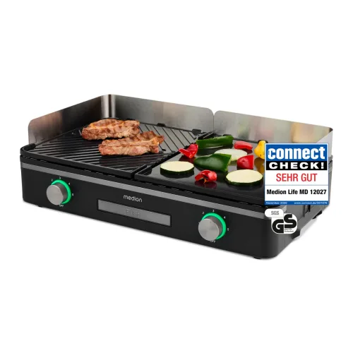 MEDION LIFE Tischgrill mit Dual-Zonen-System (MD12027), 2,400 Watt, 2 abnehmbare Platten, PFAS Frei, LED-Statusanzeige (weiß, rot, grün), IPX4-Schutz