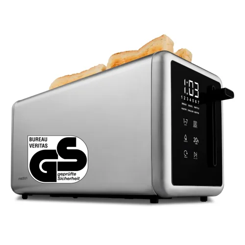Medion, MEDION LIFE Toaster MD12103 silber, 2 lange Toastschlitze für bis zu 4 Toasts, LED Sensor-Touch-Display, 7 Bräunungsstufen und 5 Automatikprogramme