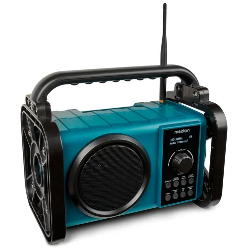 MEDION LIFE E66877 Baustellenradio, DAB+/PLL-UKW Radio, Dot Matrix LC-Display, Bluetooth® 5.0, spritzwassergeschützt (IP44), robustes Gehäuse, LED-Arbeitslicht, integrierter Akku, 5 W RMS