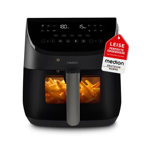 Medion, MEDION LIFE Heißluftfritteuse X20 XL (MD13060), Temperaturfühler, MEDION Life+ App, Touch-Sensor- Bedienfeld, 6,6 L Fassungsvermögen, 10 Automatikprogramme, 5 Fleischprogramme