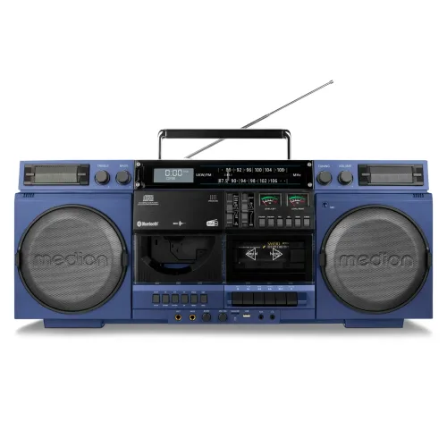 Medion, MEDION LIFE P66538 Retro-Boombox blau, DAB+/PLL-UKW Radio, Bluetooth® 5.3 für das Abspielen von Smartphone & Co, CD-Player, Kassettendeck, X-Bass Funktion, 2 x 10 W RMS