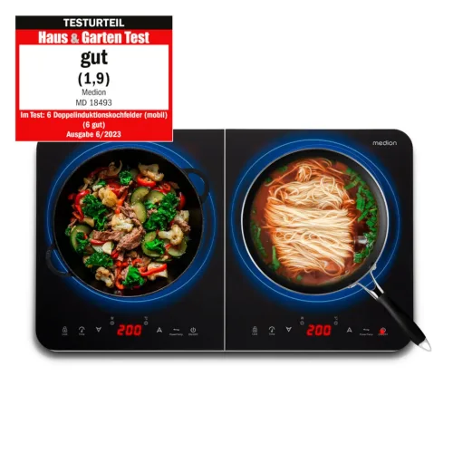 Medion, MEDION LIFE Doppel-Induktions- kochplatte   MD 18493, 3.500 Watt Induktionsleistung, 10 Temperaturstufen, 180 Min. Timer, Kristallglas-Oberfläche