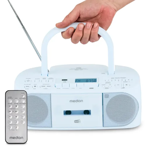 Medion, MEDION LIFE DRX-1 Plus Boombox blau, DAB+/PLL-UKW-Stereo Radio, Bluetooth® 5.4, CD-Kassetten-Radio mit MP3-Wiedergabe, USB Anschluss, CD-R/RW kompatibel, AUX-In, 2 x 3 W RMS