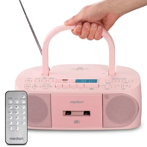 Medion, MEDION LIFE DRX-1 Plus Boombox rosa, DAB+/PLL-UKW-Stereo Radio, Bluetooth® 5.4, CD-Kassetten-Radio mit MP3-Wiedergabe, USB Anschluss, CD-R/RW kompatibel, AUX-In, 2 x 3 W RMS
