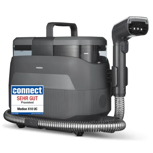 MEDION X10 UC Polster- und Teppichreiniger (MD100123), 3 Reinigungsmodi, 12 kPa Saugkraft, 1250 ml Frischwassertank, 950 ml Schmutzwassertank, IPX4, mit Tragegriff und Rollen