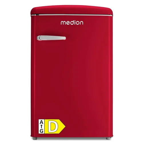 MEDION LIFE® Retro-Kühlschrank mit Gefrierfach MD 37790 Velvet Rouge, 108 L Gesamtnutzinhalt, 37 dB, höhenverstellbare Füße, Energieeffiziensklasse D