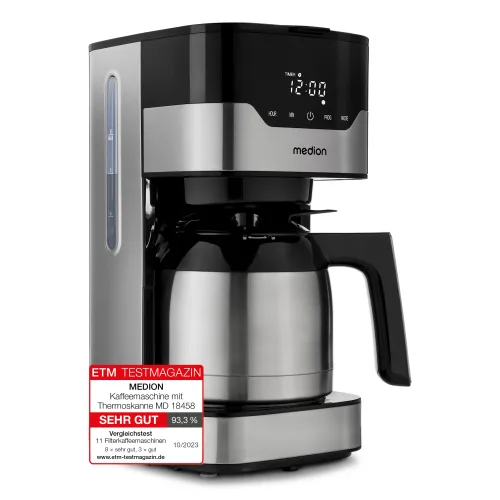 Medion, MEDION Kaffeemaschine mit Thermoskanne MD 18458, Timer-Funktion, Tropf-Stopp, 900 Watt, 1,1 Liter Fassungsvermögen, Aromawahlschalter