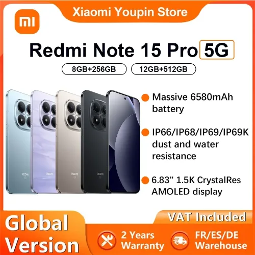 Globale Version Xiaomi REDMI Note 15 Pro 5G Smartphone 5G 6,83' 6580mAh 45W Ladung 200MP Hauptkamera IP66 IP68 IP69 IP69K