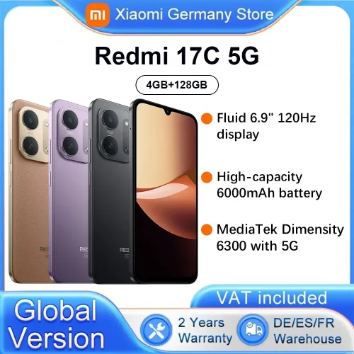 Xiaomi, Globale Version Xiaomi Redmi 17C 5G 6,9-Zoll-Display 6000mAh Akku 33W schnelles Laden 120Hz hohe Bildwiederholrate MediaTek Dimensity 6300 mit 5G P64 Staub- und Wasserbeständigkeit.