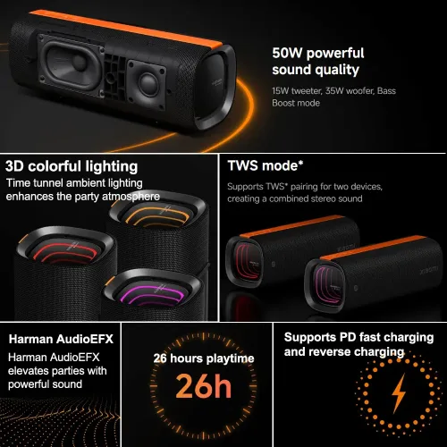 Xiaomi, Xiaomi Sound Party, 50 W tragbarer Bluetooth-Lautsprecher, Harman AudioEFX TWS-Modus, 26 Stunden Spielzeit, kabelloser Lautsprecher mit intelligenter Konnektivität