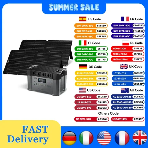 ALLPOWERS S2000 PRO Solargenerator 2400W Batterieladegerät 110/230V Reine Sinuswelle AC-Steckdose & SE100 2×100W Tragbares Solarpanel