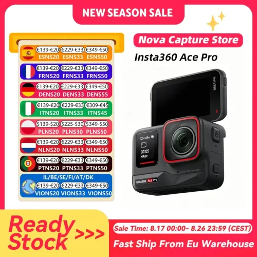 INSTA360, EU-Lagerbestand Insta360 Ace Pro Action-Kamera mit Leica 1/1.3 " Sensor, 2,4 " Flip-Touchdisplay, 8K HDR, magnetischer Halterung, Schutzgehäuse Ace Pro