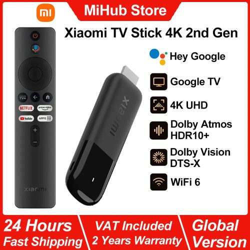 Xiaomi, Xiaomi TV Stick 4K 2. Generation, Tragbarer Streaming-Media-Player, Netflix Dual-Band WLAN 6 Google Assistant, BT5.2 Smart TV Dongle, 360 °   Bluetooth-Sprachfernbedienung für Google TV