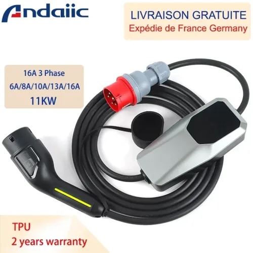 ANDAIIC, EV-Ladegerät 11 kW 22 kW DC-Schutz 16 A/32 A 3-phasig für Elektroauto 6 A-16-32 A 4/10/15 Meter tragbares Heimladegerät