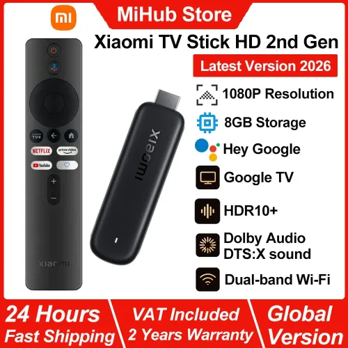 Xiaomi, Xiaomi TV Stick HD 2. Generation, Google TV Tragbarer Streaming-Mediaplayer, Bluetooth-Sprachfernbedienung, Dual-Band WLAN Google Assistant Smart TV Dongle