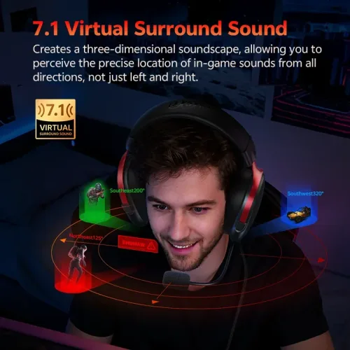 QCY, QCY VN200 Pro Kabelgebundenes Gaming-Headset mit Mikrofon, 40-mm-Treiber, 7.1-Surround-Over-Ear-Kopfhörer für PC, PS4, PS5, Gamer-Kopfhörer