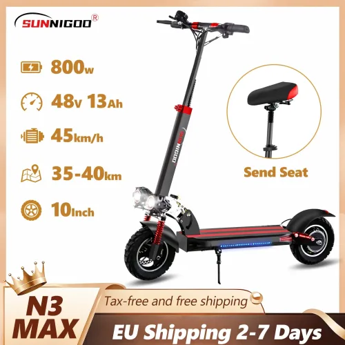 SUNNIGOO Elektroroller für Erwachsene, 10 Zoll Offroad, 48V Lithium-Akku, Höchstgeschwindigkeit ? ? 45km/h E-Scooter mit Sitz, faltbar, große Reichweite, starker Antrieb, gute Steigfähigkeit, tragbar,