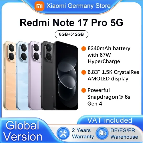 Xiaomi, Global Version Redmi Note 17 Pro 5G  smartphone 5G 6.83? IP66 lP68  8340mAh battery 67W HyperCharge 120Hz refresh rate Powerful Snapdragon 6s Gen 4 Xiaomi HyperOs 3