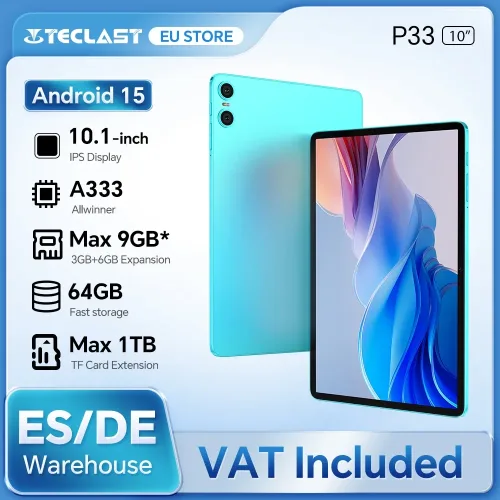 Teclast P33 10,1 Zoll Tablet, Android 15, Max 9GB RAM 64GB ROM, WLAN 6, 6000mAh Typ-C, Dual-Kamera, Metallgehäuse, Allwinner A333