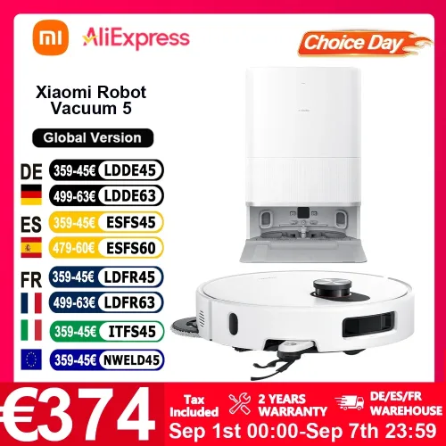 Xiaomi, Globale Version Xiaomi Robot Vacuum 5 (X20+ Upgrade) mit intelligenter Sprachsteuerung, App-Steuerung, 20000Pa stärkster Xiaomi-Saugkraft, intelligentem Reinigungspfad, erweiterbarem Doppelroboterarm