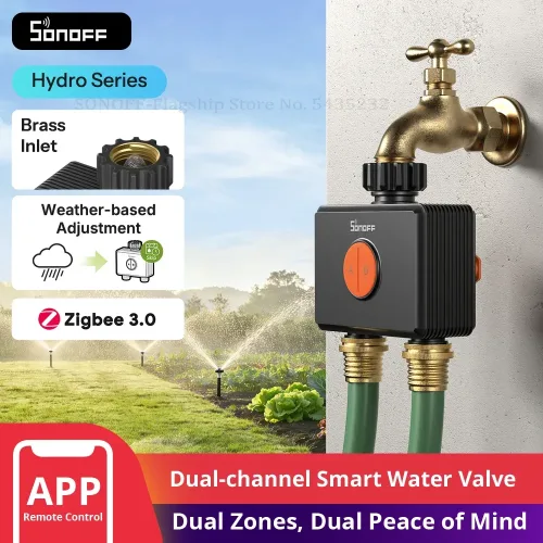 SONOFF Hydro DUO Zweikanaliges Zigbee Smart-Wasserventil mit Durchflussmesser, Messinganschluss, saisonaler Wassereinsparung, App-Leck- und Frostwarnung
