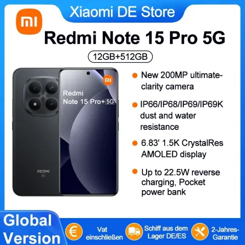 Xiaomi, Globale Version Xiaomi REDMI Note 15 Pro 5G Smartphone 5G 6,83' 6580mAh 45W Ladung 200MP Hauptkamera IP66 IP68 IP69 IP69K