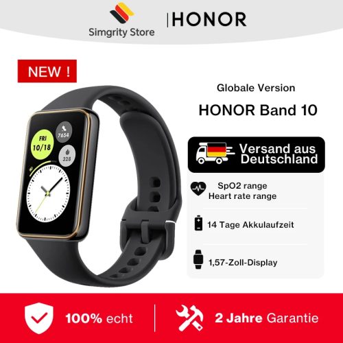 Honor, HONOR Band 10, Globale Version Smart Band, Gebogenes Kantendesign, Morgen-Gesundheitsfunktion, 1,57 Zoll AMOLED-Bildschirm, 5ATM Wasserdichtigkeit, BT5.3