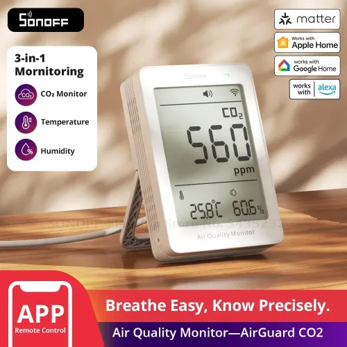 SONOFF, SONOFF SAWF-08P AirGuard CO2 Messgerät WLAN Matter Luftqualitätsmonitor mit Temperatur- & Feuchtigkeitsmesser Ton- & Lichtalarm