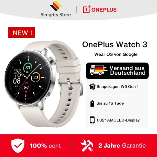OnePlus, Globale Version OnePlus Watch 3 43 mm Smartwatch 1,32 Zoll AMOLED-Display Bis zu 60 Stunden Akkulaufzeit Tragen Sie OS von Google GPS NFC