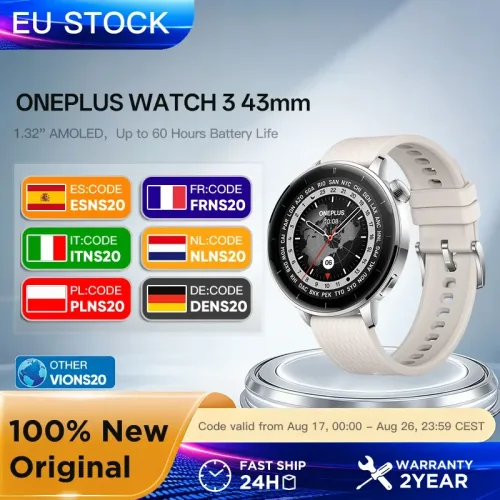 OnePlus, Globale Version OnePlus Watch 3 43 mm Smartwatch 1,32 Zoll AMOLED-Display Bis zu 60 Stunden Akkulaufzeit Tragen Sie OS von Google GPS NFC