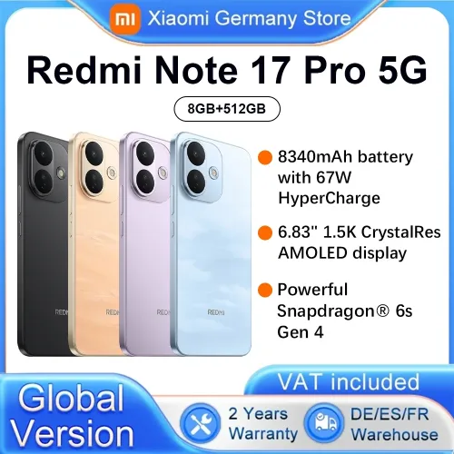 Xiaomi, Global Version Redmi Note 17 Pro 5G  smartphone 5G 6.83? IP66 lP68  8340mAh battery 67W HyperCharge 120Hz refresh rate Powerful Snapdragon 6s Gen 4 Xiaomi HyperOs 3