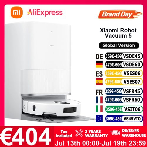 Globale Version Xiaomi Robot Vacuum 5 (X20+ Upgrade) mit intelligenter Sprachsteuerung, App-Steuerung, 20000Pa stärkster Xiaomi-Saugkraft, intelligentem Reinigungspfad, erweiterbarem Doppelroboterarm