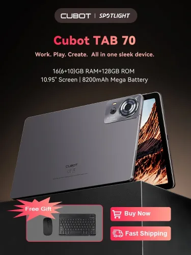 Cubot TAB 70, 2025 Neues Tablet Android 14, Octa-Core, 16 GB RAM (6 GB + 10 GB), 128 GB ROM, 10,95-Zoll-HD+-Bildschirm, 8200 mAh, GPS, Face-ID