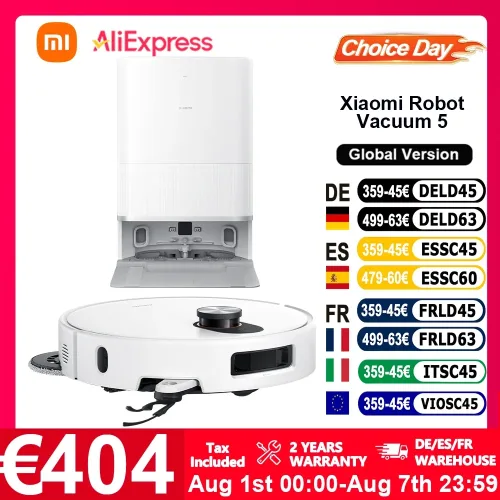 Xiaomi, Globale Version Xiaomi Robot Vacuum 5 (X20+ Upgrade) mit intelligenter Sprachsteuerung, App-Steuerung, 20000Pa stärkster Xiaomi-Saugkraft, intelligentem Reinigungspfad, erweiterbarem Doppelroboterarm