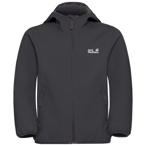 Jack Wolfskin, Jack Wolfskin Softshelljacke "FOURWINDS JACKET KIDS" mit Kapuze mit Windschutzblende und Kinnschutz, wasserabweisend, windabweisend