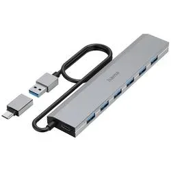 Hama - USB-Hub, 7 Ports, USB 3.2 Gen1, 5 Gbit s, inkl. USB-C-Adapter und Netzteil, Taubengrau, 360X260X20MM